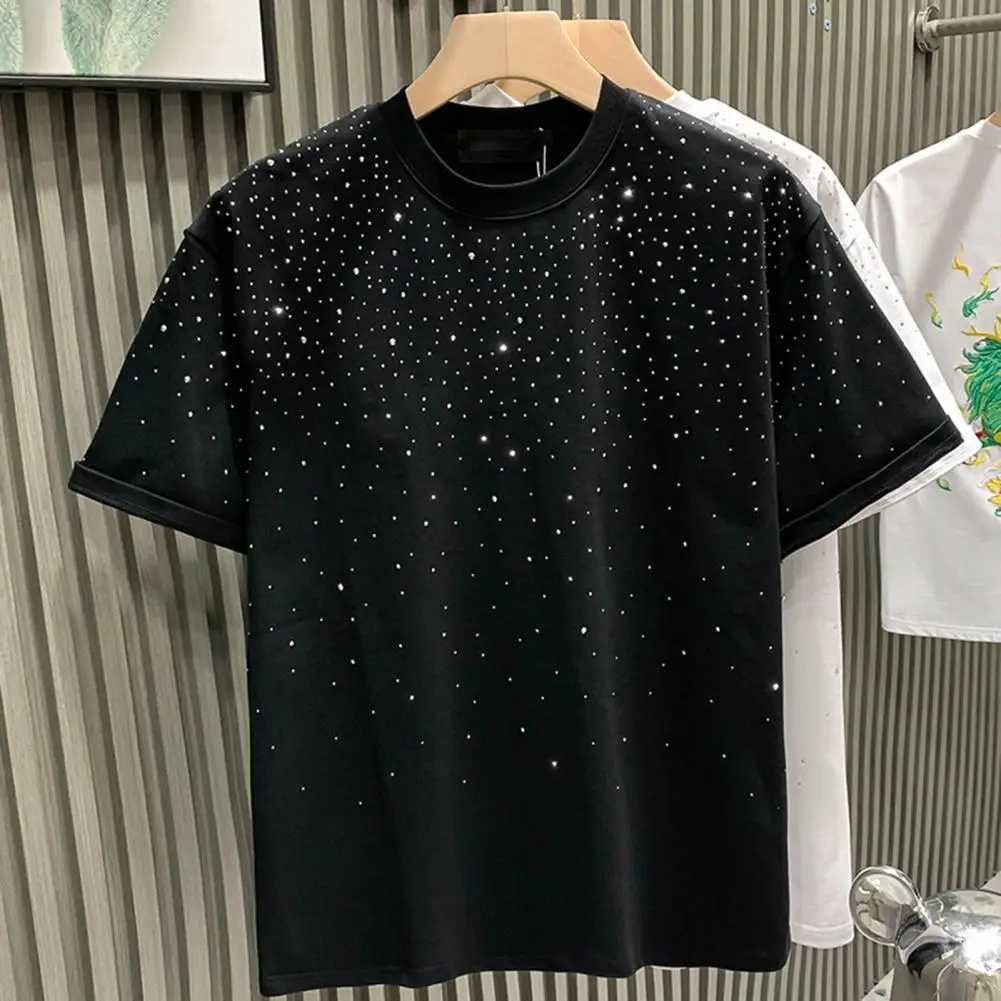 Summer Rhinestone Rivet Mens T-shirt Round Neck Casual T-shirt Fashion Street 2024 Mens Summer Short Sleeve W250425