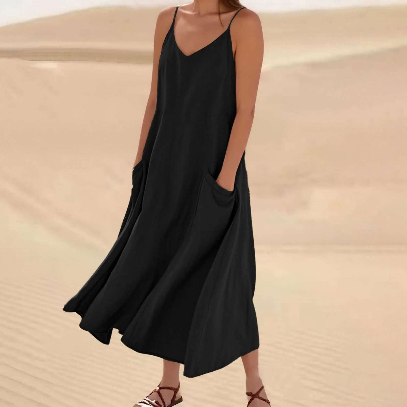 Dongdumaoyi Sleeveless Suspenders Dress Women Side Double Pocket Splicing Solid Color Dresses Summer Casual Commuter Gown