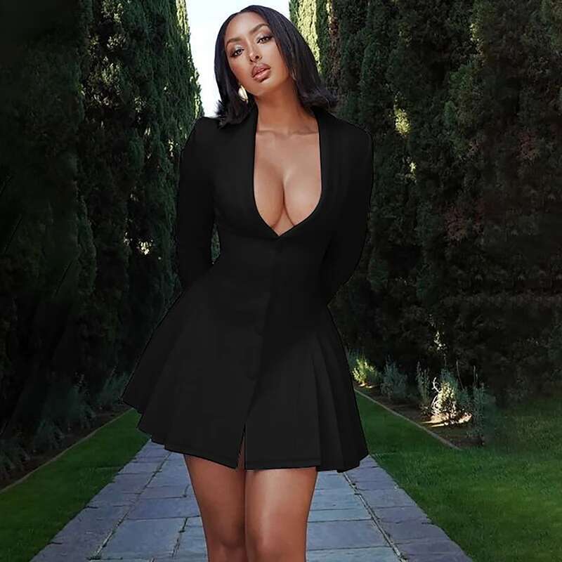 Women Elegant White Single-Breasted Pleated Mini Dress Fashion Deep V-Neck Long Sleeved A-Line Dressses 2024 New Lady Streetwear