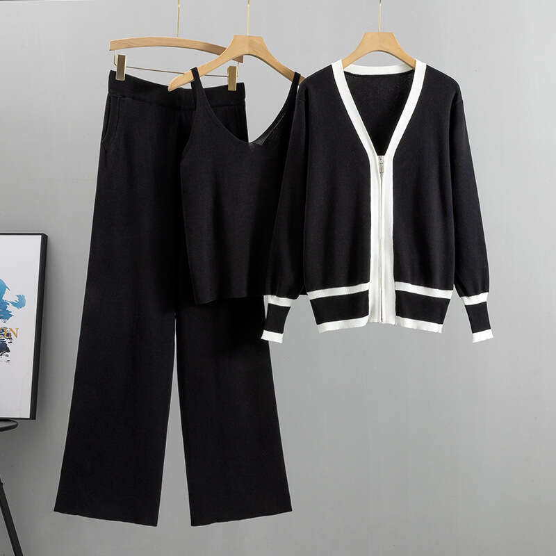 2025 Summer and Autumn New Womens Knitted Cardigan Camisole Wide Leg Pants Three Piece Set European Trend Long Fashion Ventilation New Pattern New Arr