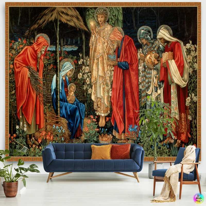 Nativity Scene Tapestry Jesus Birth Manger Barn Wall Hanging Angel Easter Christmas Wall Decor Christ Tapestries Room DecorationM251125