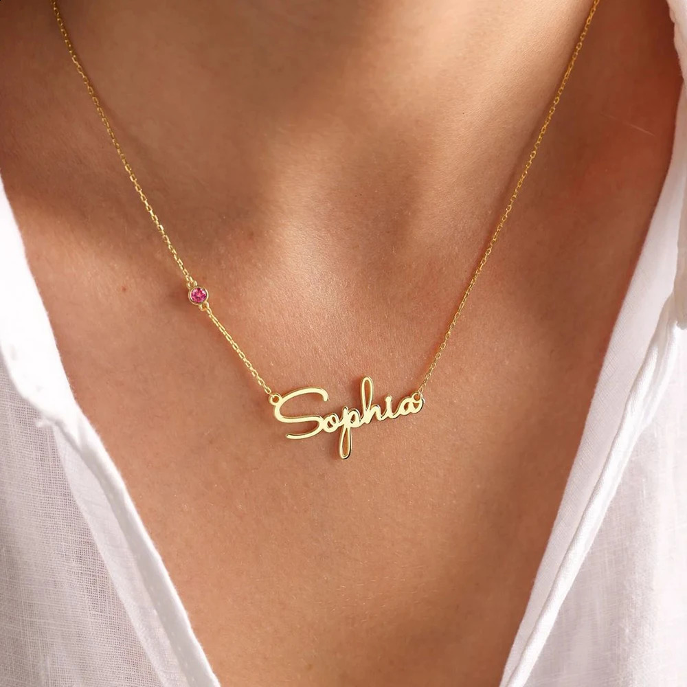 SUNIBI DIY Birthstone Customized Fashion Stainless Steel Name Necklace Personalized Letter Choker Necklace Pendant Nameplate Gi 250425