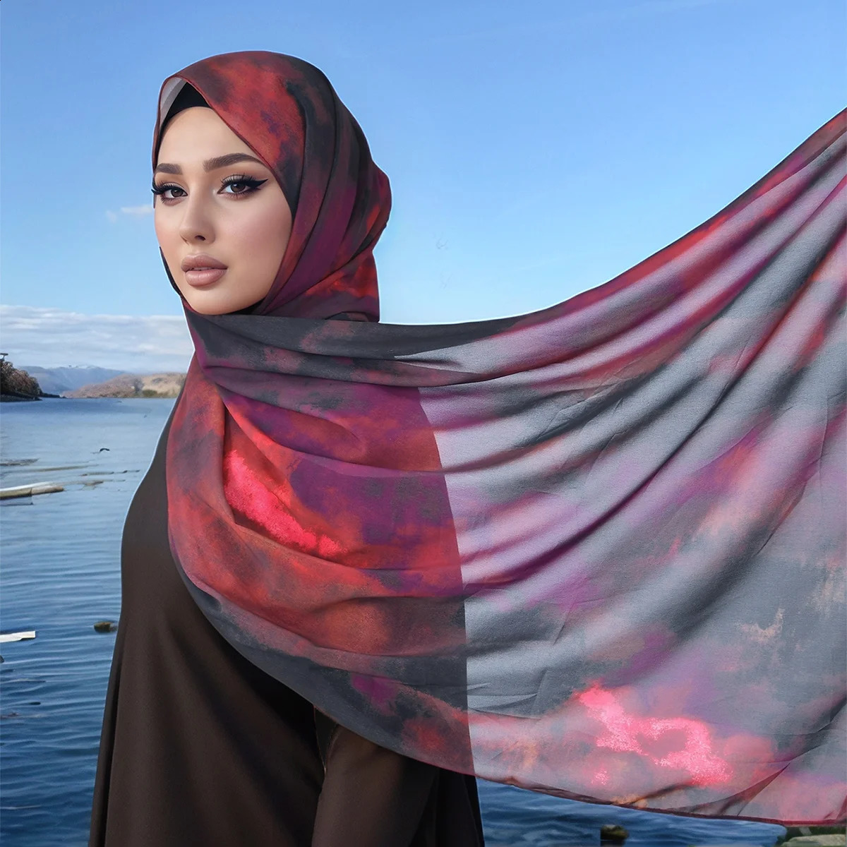 Fashion Watercolor Chiffon Scarf Digital Printed Hijab Woman Muslim Hijab Shawls Lady Headscarf Ethnic Turban Bandana 250424