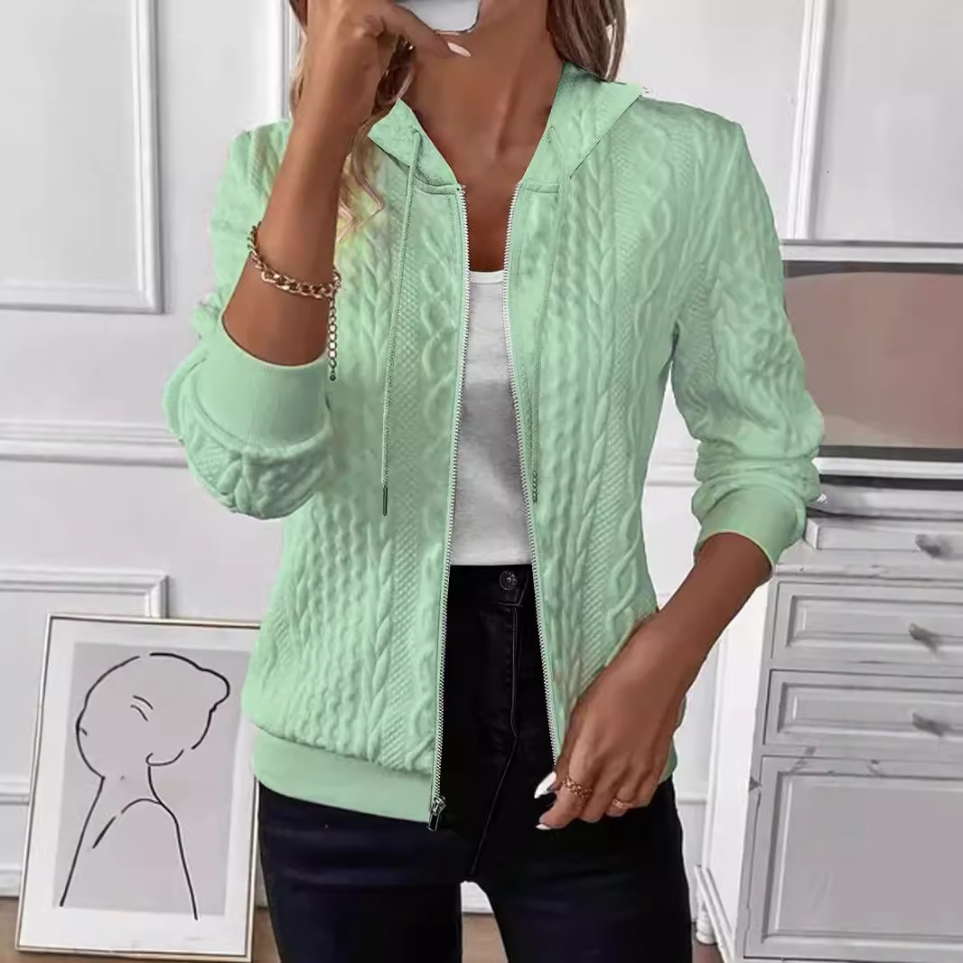 2024 autumn and winter solid color long sleeved knitted zipper hooded sweatshirt jacket for women