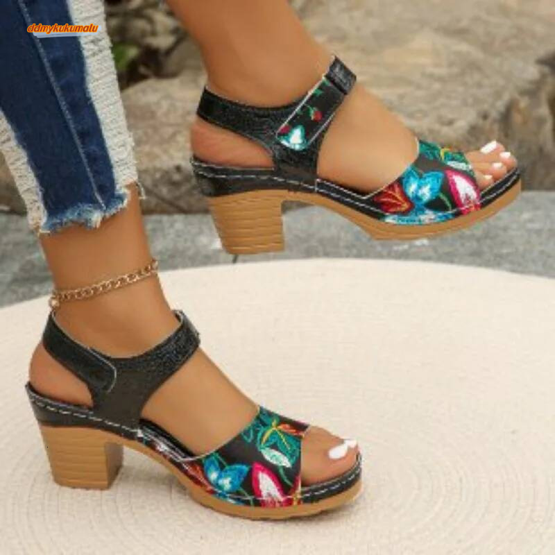 Peep Toe Hihg Summer Gladiator Chunky Heel Platform Women's Sandals Flower Ladies Heeled Shoes ddmykukumalu