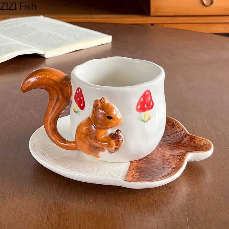 Squirrel Maple Leaf Relief Porcelain Cupsaucer Coffee Mug Dining Table Flower Mugs Afternoon Tea Teacup Fruits Juice Cup Y251125