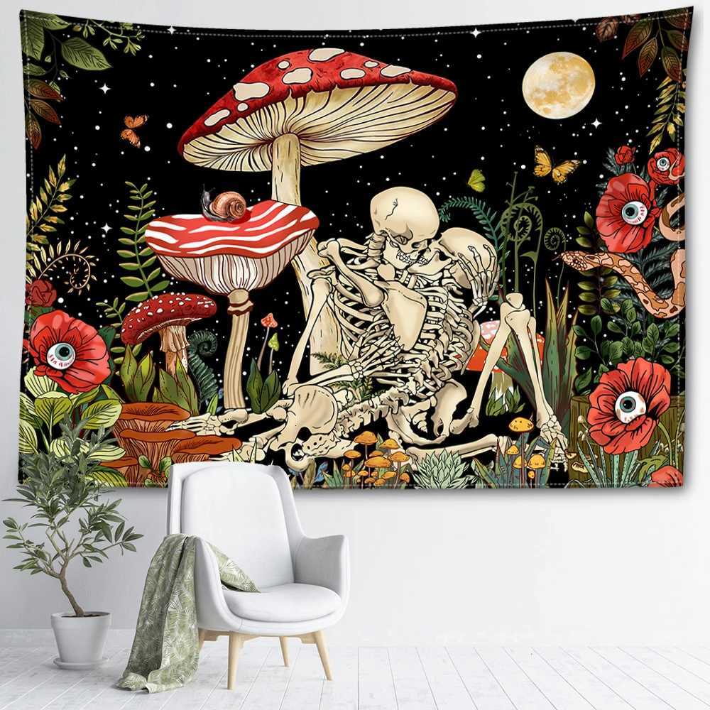 Mushroom And Skeleton Tapestry Wall Hanging Psychedelic Witchcraft Hippie Abstract Scenery Dormitory Bedroom Home DecorM251125