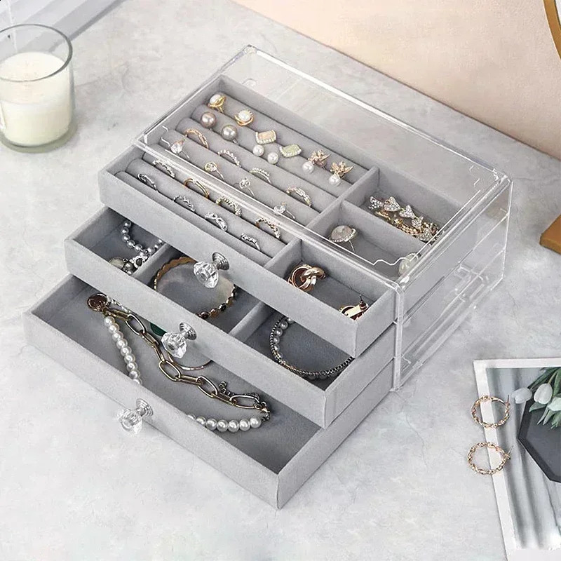Acrylic Jewelry Organizer-3-5 Drawers Stackable Display Storage Earrings Necklace Velvet Bracelets Box Holder Case for Women 250424