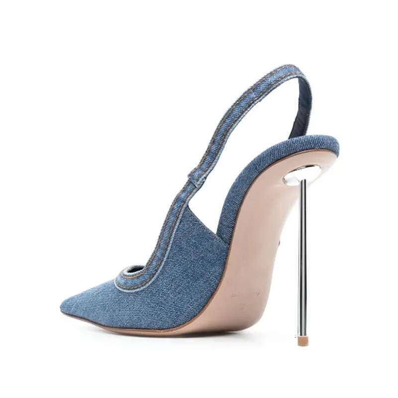 Spring and summer new pointed shallow-mouth denim shoes metal thin high-heeled daily dress fashion large size women's sandals