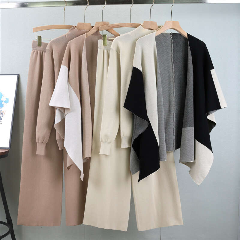 2025 Autumn/winter New Fashionable Knitted Color Blocked Shawl Wide Leg Pants Stylish 3-piece Set for Women Long Printing Temperament New Product New 