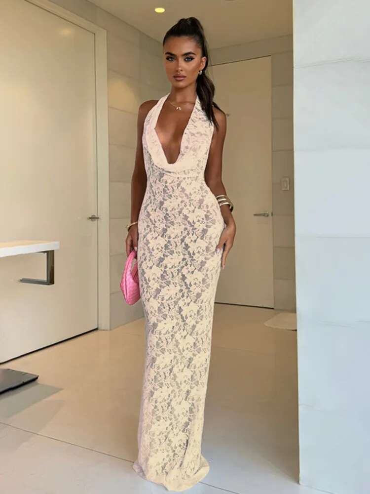 Dongdumaoyi Townlike Maxi Long Perspective Lace Slim Bodycon Dress Women Halter Summer Backless Nightclub Sexy Party Dresses