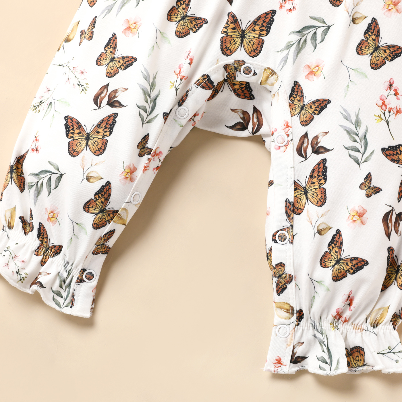 PatPat Baby Girl Solid Cotton Ribbed or Allover Butterfly Print Naia Ruffle Trim Long-sleeve Jumpsuit