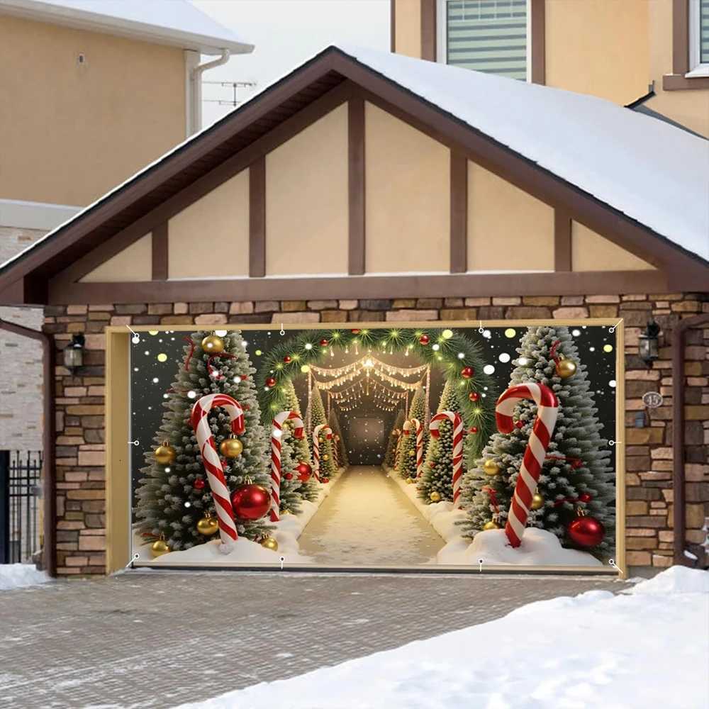 Snow Winter Christmas Garage Door Cover Banner Candy Cane Xmas Tree Backdrop Xmas Home Yard Wall Indoor Outdoor Party Decor M251125