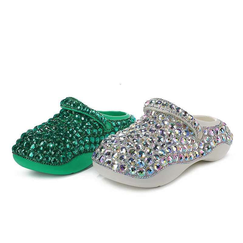 Summer new round toe bag head rhinestone one-line belt thick-sole casual hole shoes daily versatile large-size flat women sandal