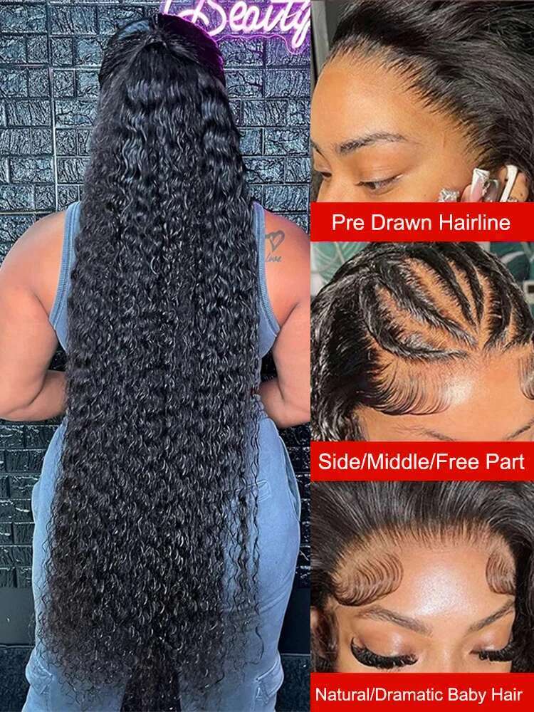 40 50 Inch Deep Wave 13X6 13X4 Hd Front High 300Density Curly 360 Full Lace Frontal Wig Human Hair For Women