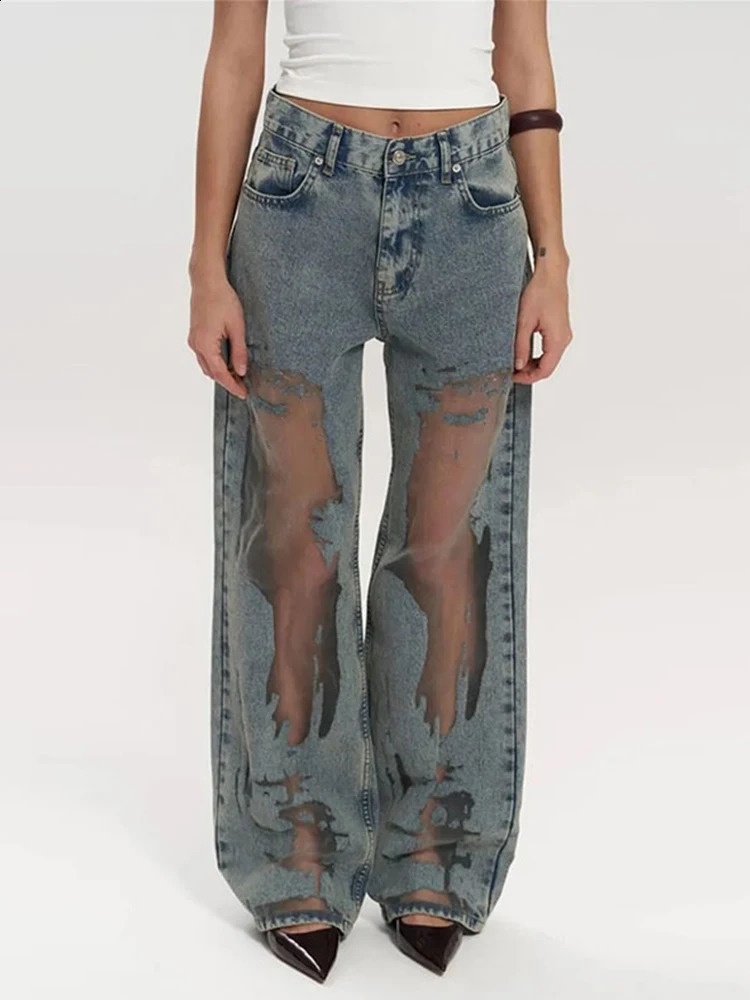 Womens extreme torn denim jeans high waist straight leg Gothic dark pocket pants fashionable hiphop streetwear 250417