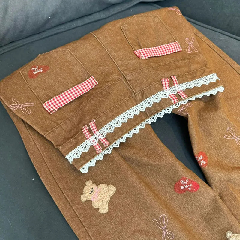Jmprs Retro Bear Embroidered Jeans Womens Casual Bag Straight Trouser Y2K Lace Plain Splicing Denim Pants Womens 250422