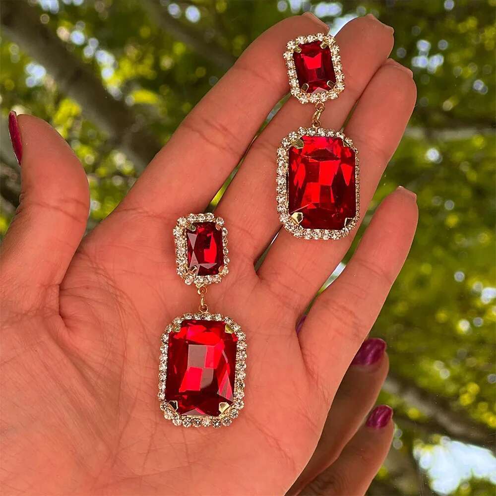 Stonefans Red Crystal Dangel for Women Wedding Square Rhinestone Drag Queen Earrings 2023 Fashion Ear Jewelry