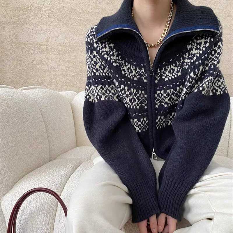 New Fashion Retro Womens Cardigan Knitted Sweater Long Sleeve Lapel Casual Womens Zipper Top JacketT251125