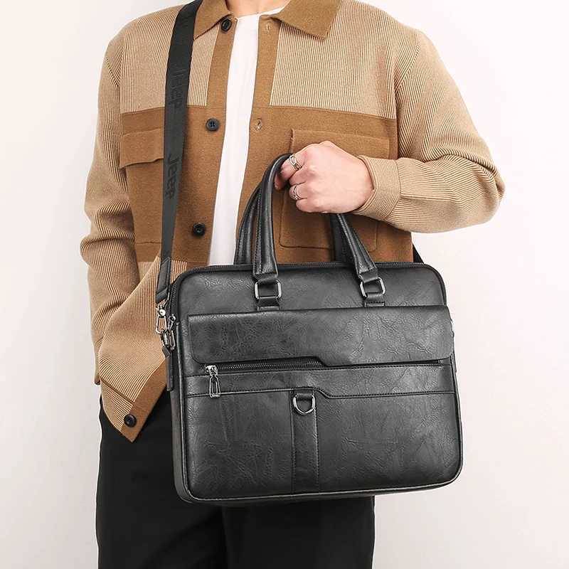 Mens Briefcase PU Leather Handbag Executive 14 Inch Laptop Document Shoulder Business Vintage Messenger Designer Lawyer BagT251125