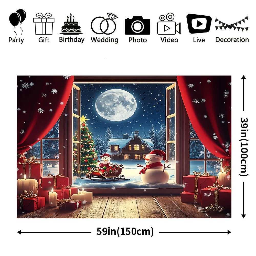 VIKAMA Double-Window Snow Scene Christmas Tapestry Snowman Christmas Tree Warm Living Room Background Wall Hanging Room DecorM251125