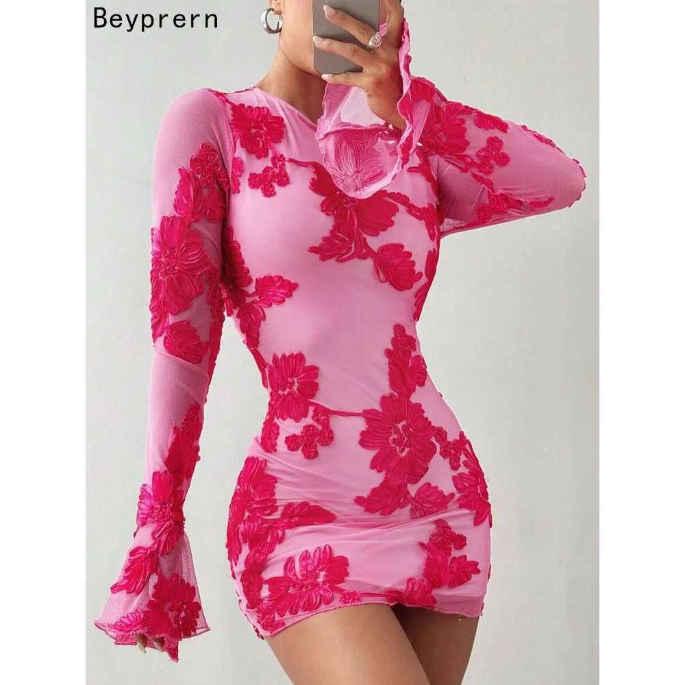 Designer Clothes Beyprern Glam Backless Rose Pink Floral Mesh Short Elegant Party Dresses For Women Long Sleeve Embroidered Birthday Dress