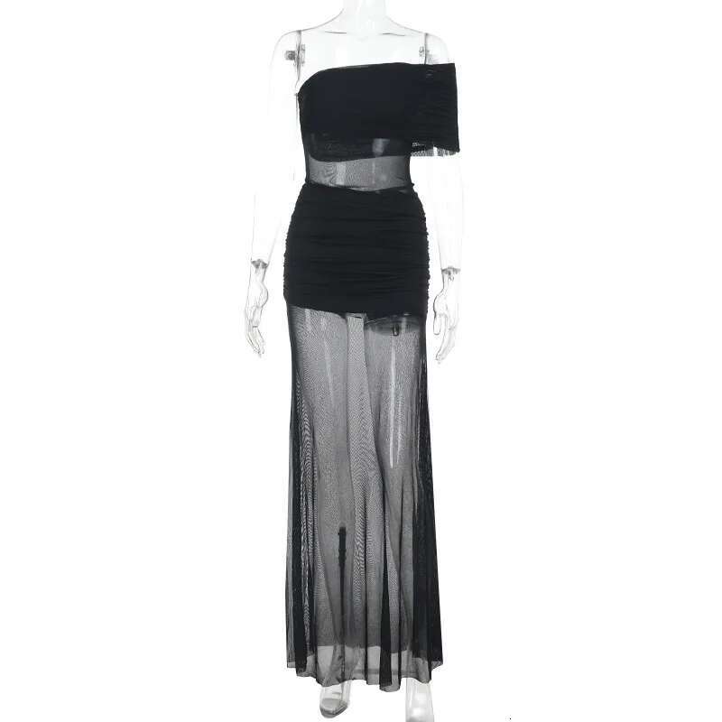 Dongdumaoyi Townlike Perspective Mesh Pleated Sexy Party Dress Women One Shoulder Spring Summer Maxi Long Slim Bodycon Dresses
