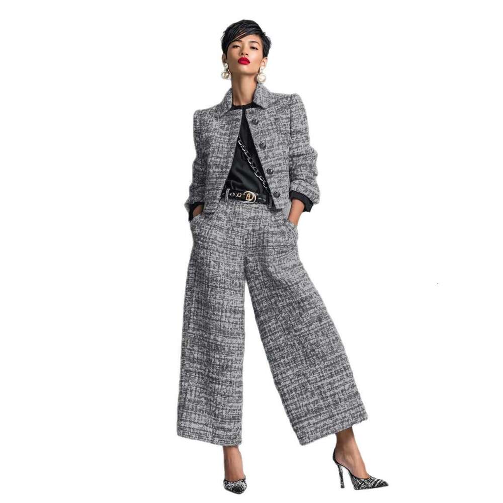 Cross Border New Turn Down Collar Slim Fit Women S Fashion European And American Style Long Sleeve Short Jacket With Wide Leg Pants Set Luxury Designe
