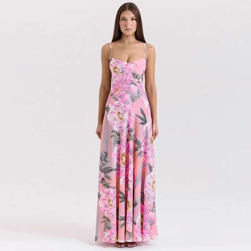 Dongdumaoyi Townlike Waist Wrap A Line Print Dress Women Spaghetti Strap Spring Summer Maxi Long Nightclub Sexy Party Dresses