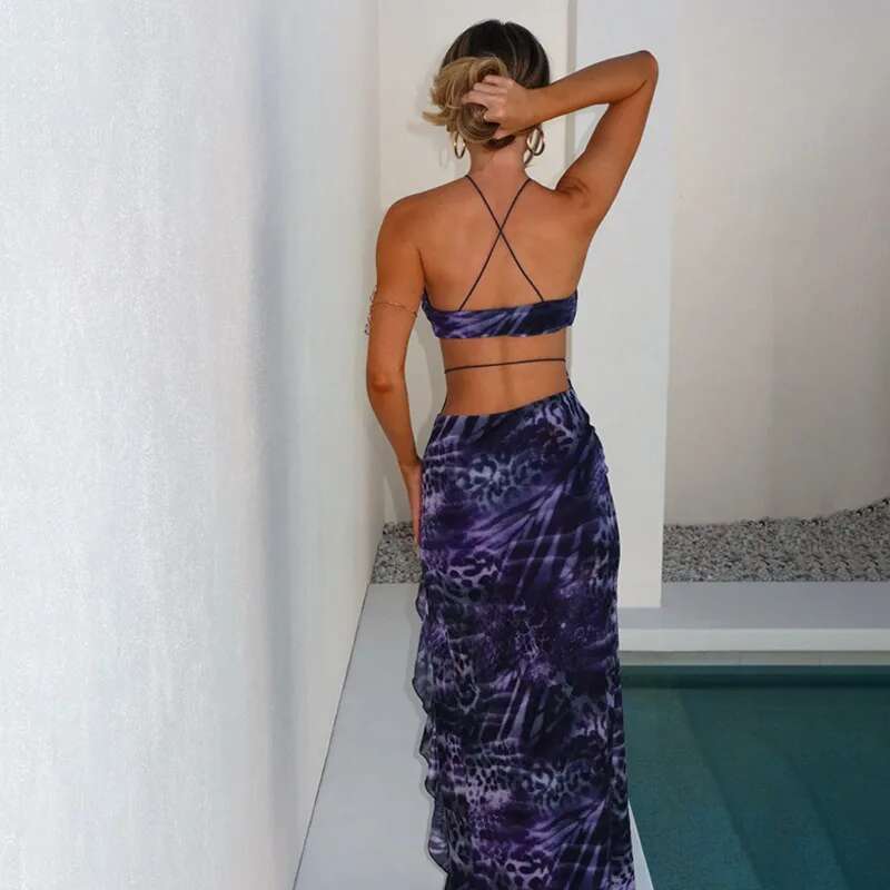 Dongdumaoyi Townlike Ruffles Print Midi Long Dress Women Spaghetti Strap Spring Summer Backless Nightclub Sexy Party Dresses
