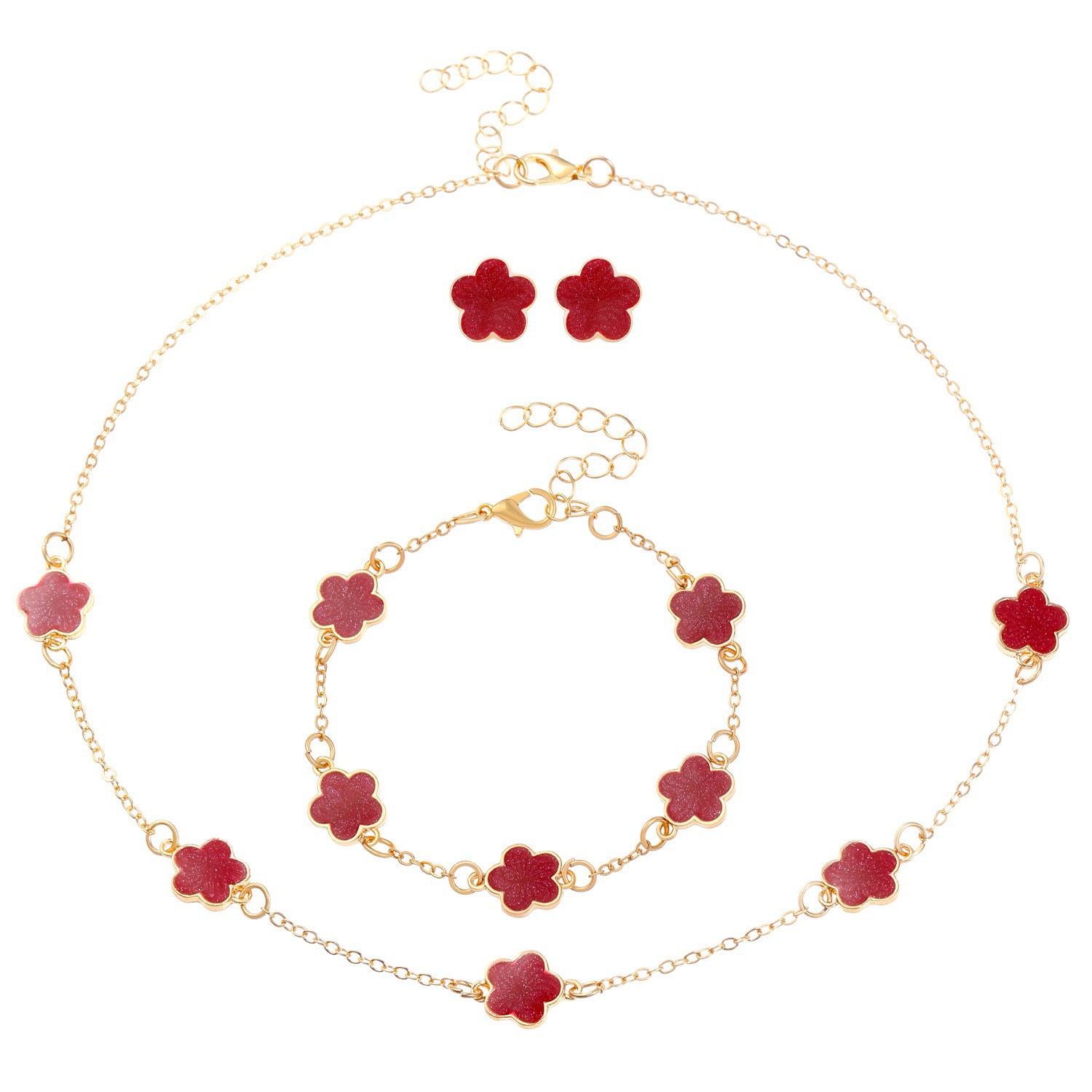 Chic Floral Accents - Complete Matching Bracelet/Necklace with Delicate Five Petal Design