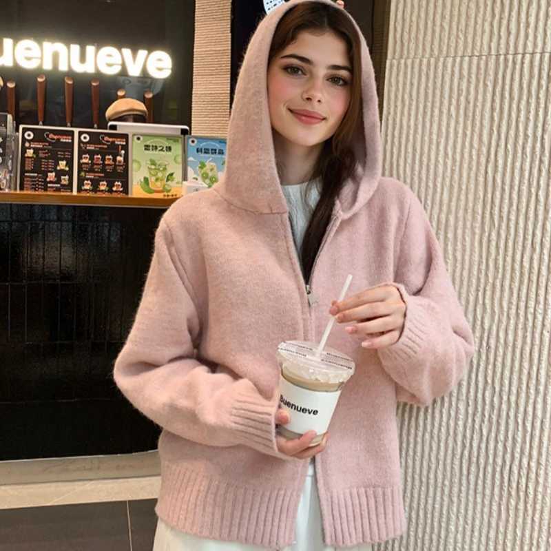 2025 Autumn Winter Solid Color Straight Coat New Fashion Double Zipper Hooded Knitted Top Cardigan Womens Long Sleeve SweaterT251125