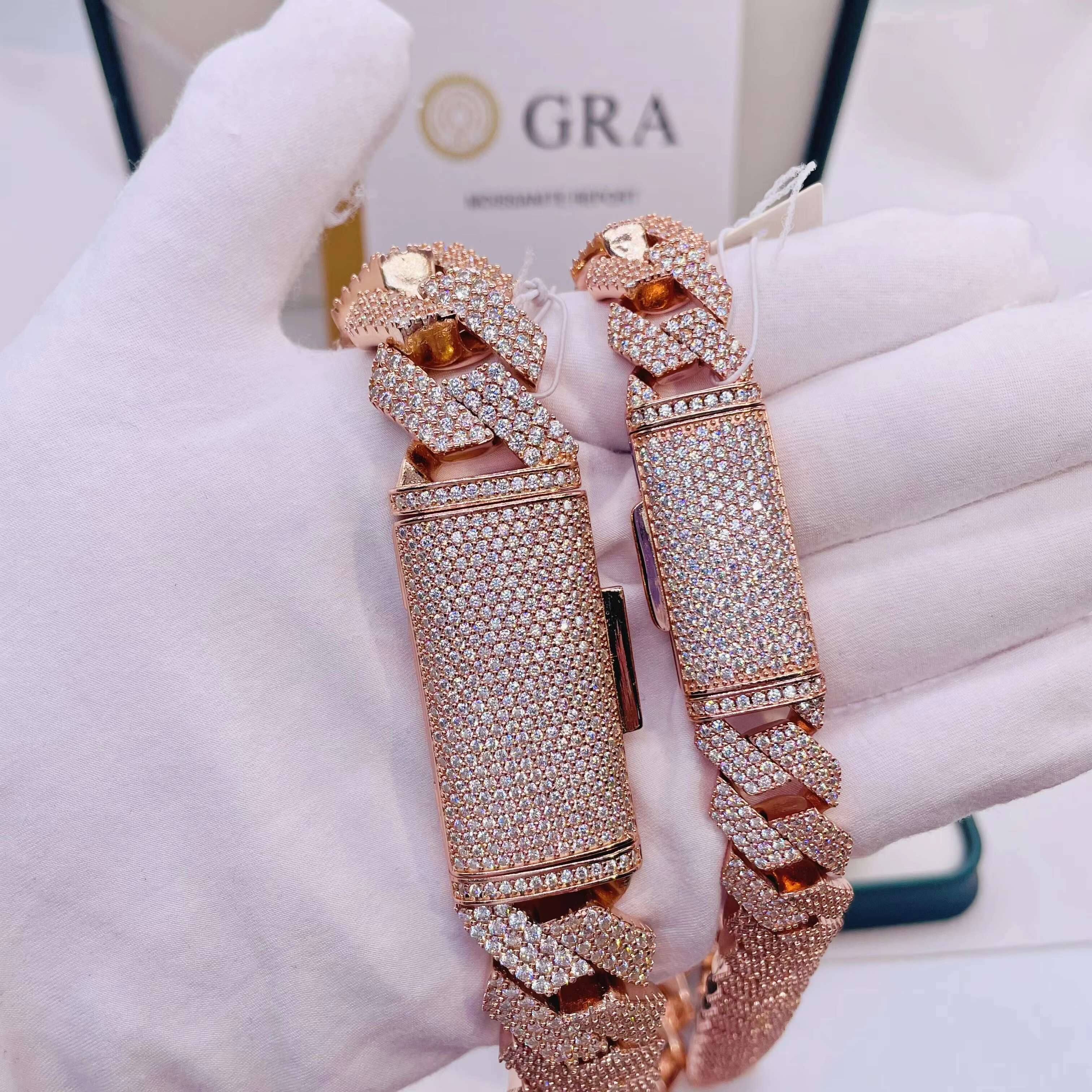 Sterling Silver 925 Jewelry 15mm 20mm Pass Diamond Tester Iced Out Three Rows VVS Moissanite Cuban Link Chain