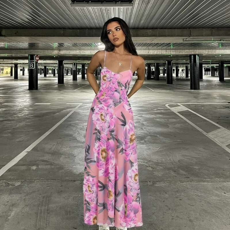 Dongdumaoyi Townlike Waist Wrap A Line Print Dress Women Spaghetti Strap Spring Summer Maxi Long Nightclub Sexy Party Dresses