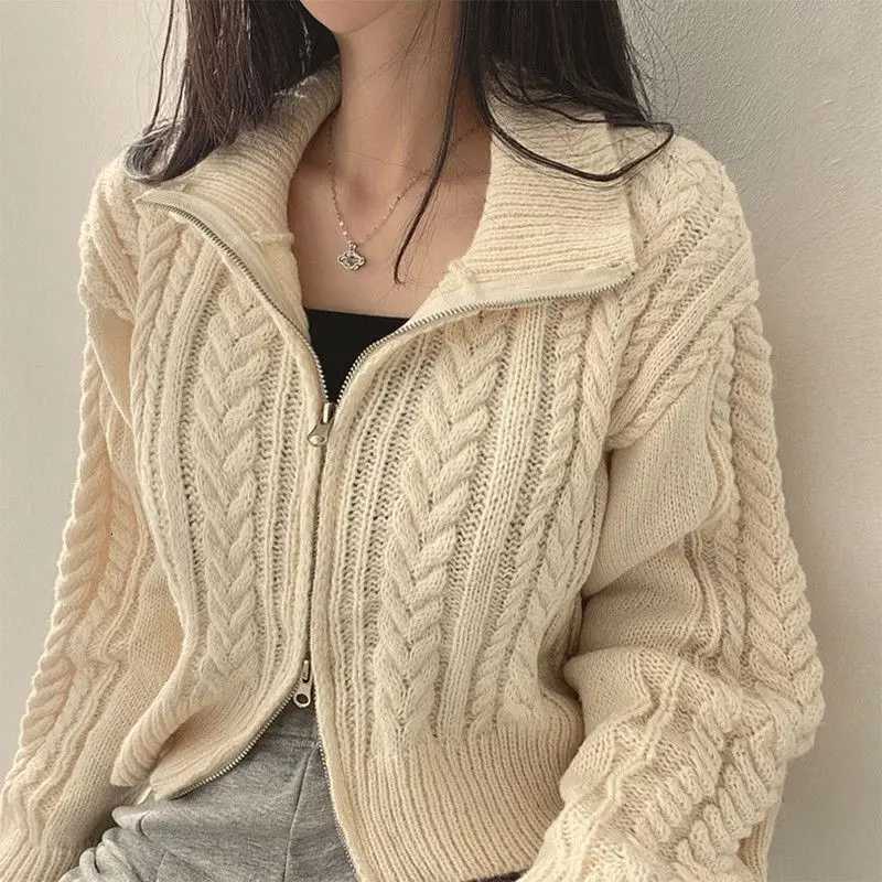 Fashion Knit Short Coat Long Sleeve Zipper Sweater Casual Women Cardigan Vintage Winter Korean Chic Elegant 2025 Lady Trend TopT251125