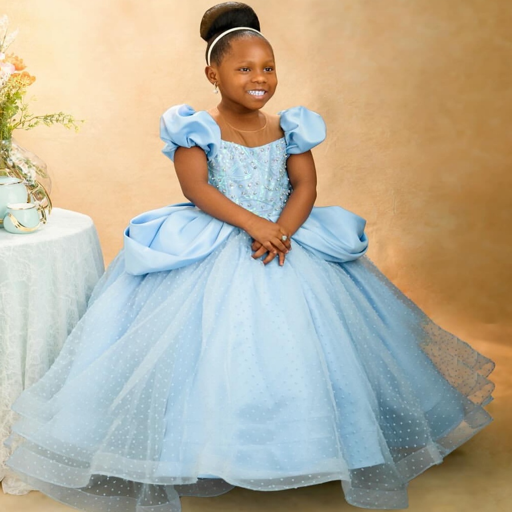 2026 Light Sky Blue Ball Gown Flower Girl Dresses Crystals Sheer Neck Short Sleeves Little Girl Christmas Peageant Birthday Christening Tutu Dress Gow