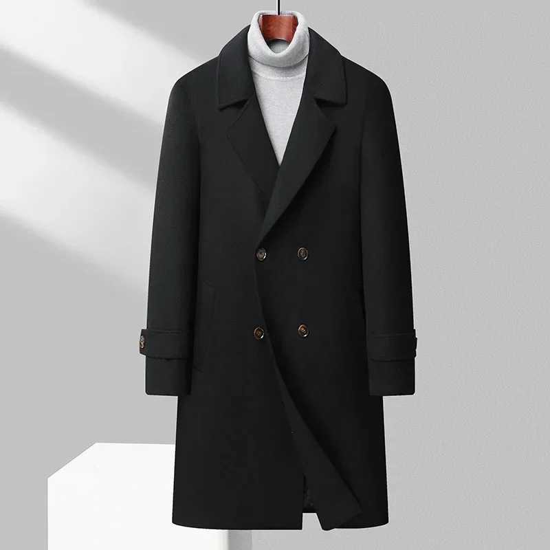 Top Quality Winter Wool Long Coats for Men Double-breasted Padded Cotton Woolen Long Coat Warm Business Mens Windbreaker JacketT251125