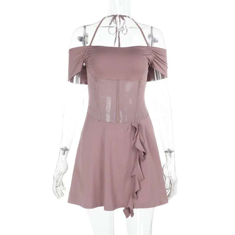 Dongdumaoyi Townlike Waist Wrap A Line Dress Women Halter Mini Spring Summer Ruffles Off Shoulder Backless Sexy Party Dresses
