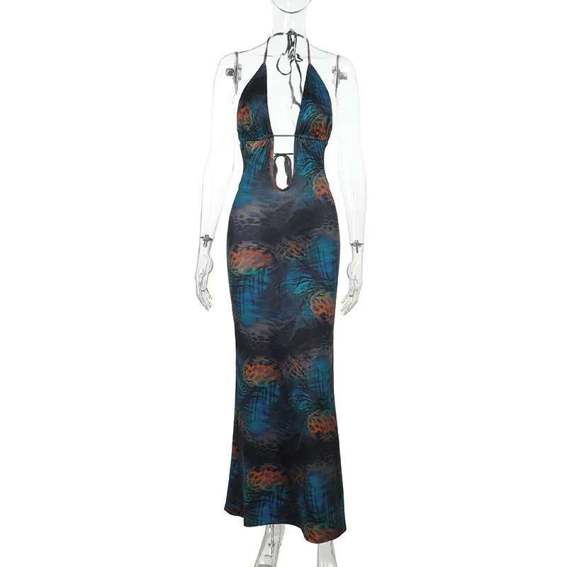 Dongdumaoyi Townlike Print Maxi Long Slim Bodycon Dress Women Halter Spring Summer Deep V Neck Backless Sexy Party Dresses