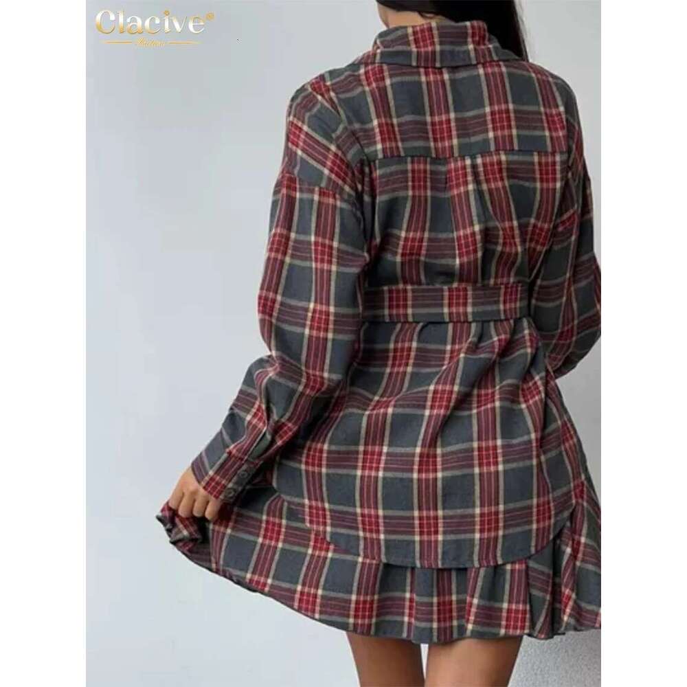 Clacive Fashion Loose Plaid 2 Piece Sets Women Outfit 2025 Elegant Long Sleeve Shirt With High Waist Mini Skirt Set Female