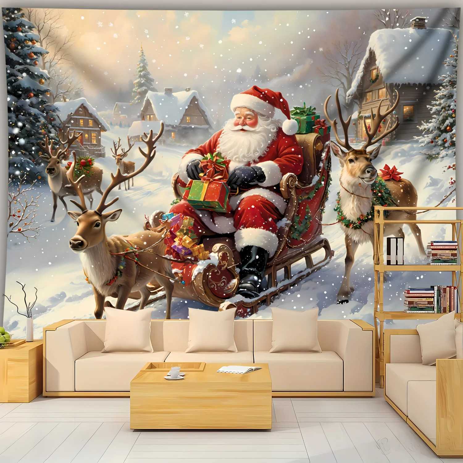 Christmas Tapestry Santa Sleigh with Reindeer Photo Background Wall HangingXmas Cloth for Home Party Live Stream DecorM251125