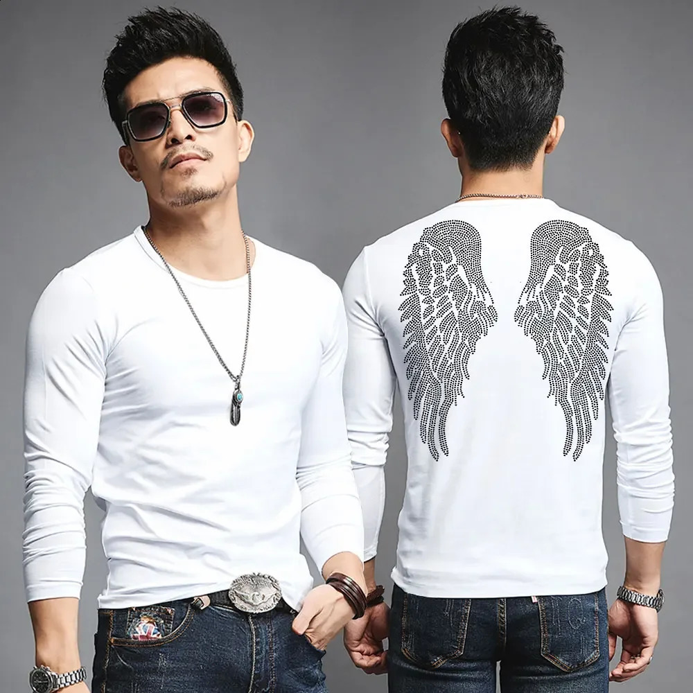 Neutral rhinestone wing printed T-shirt for mens street wear cotton Ins punk T-shirt direct oversized long sleeved clothing 250423