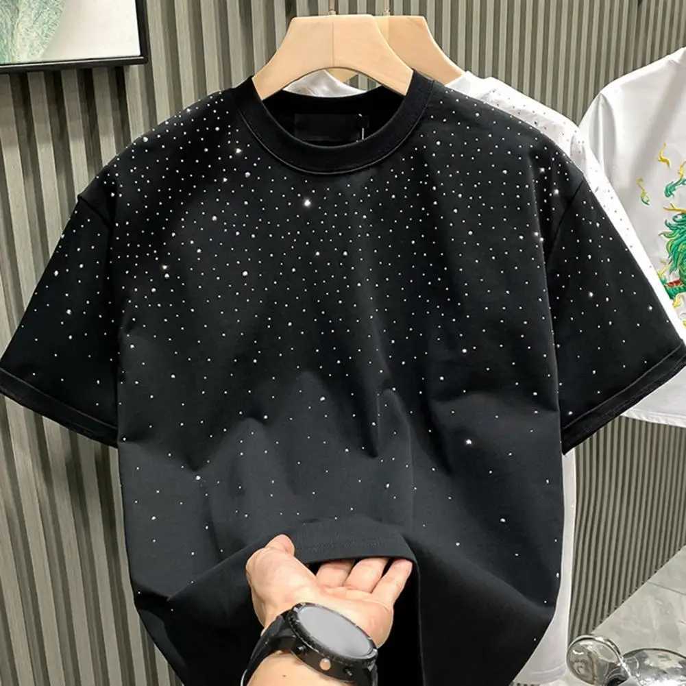 Summer Rhinestone Rivet Mens T-shirt Round Neck Casual T-shirt Fashion Street 2024 Mens Summer Short Sleeve W250425