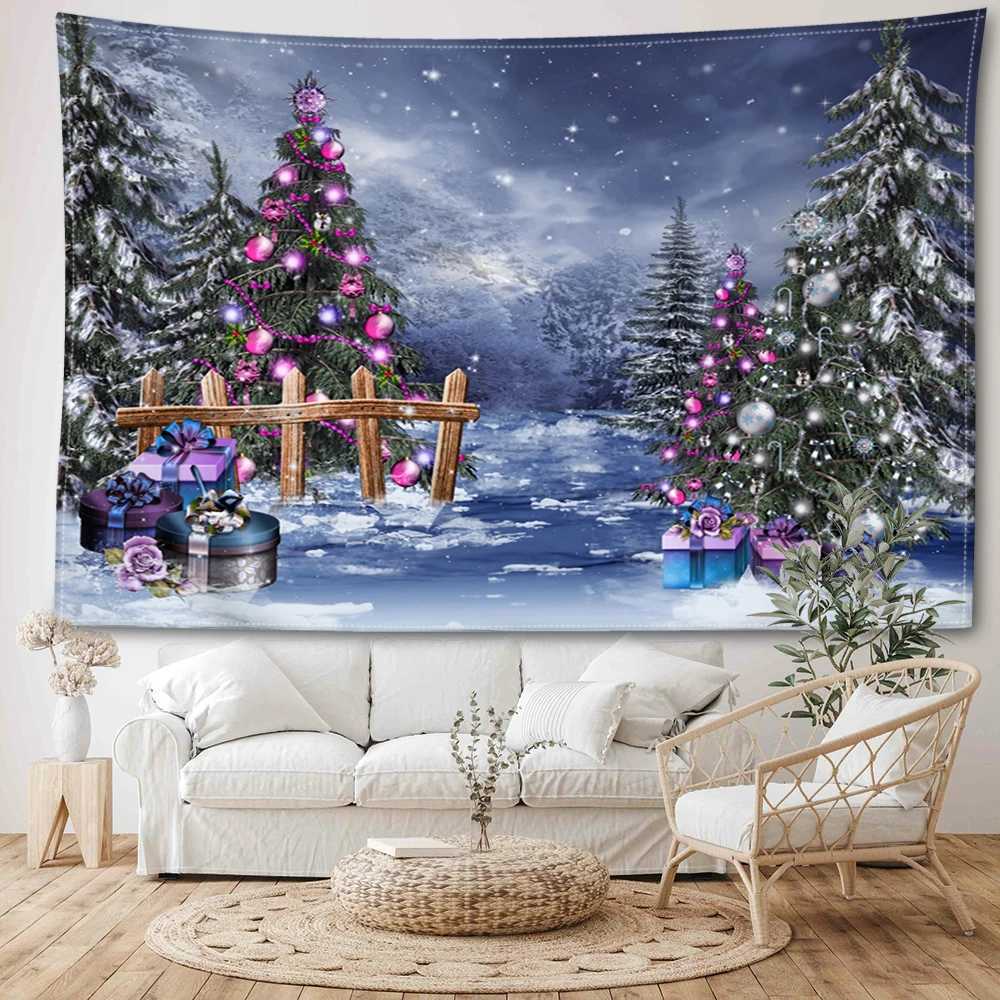 Christmas Snow View Carriage Tapestry Wall Hanging Bohemian Festival Gifts Art Landscape Bedroom Living Room Home DecorM251125