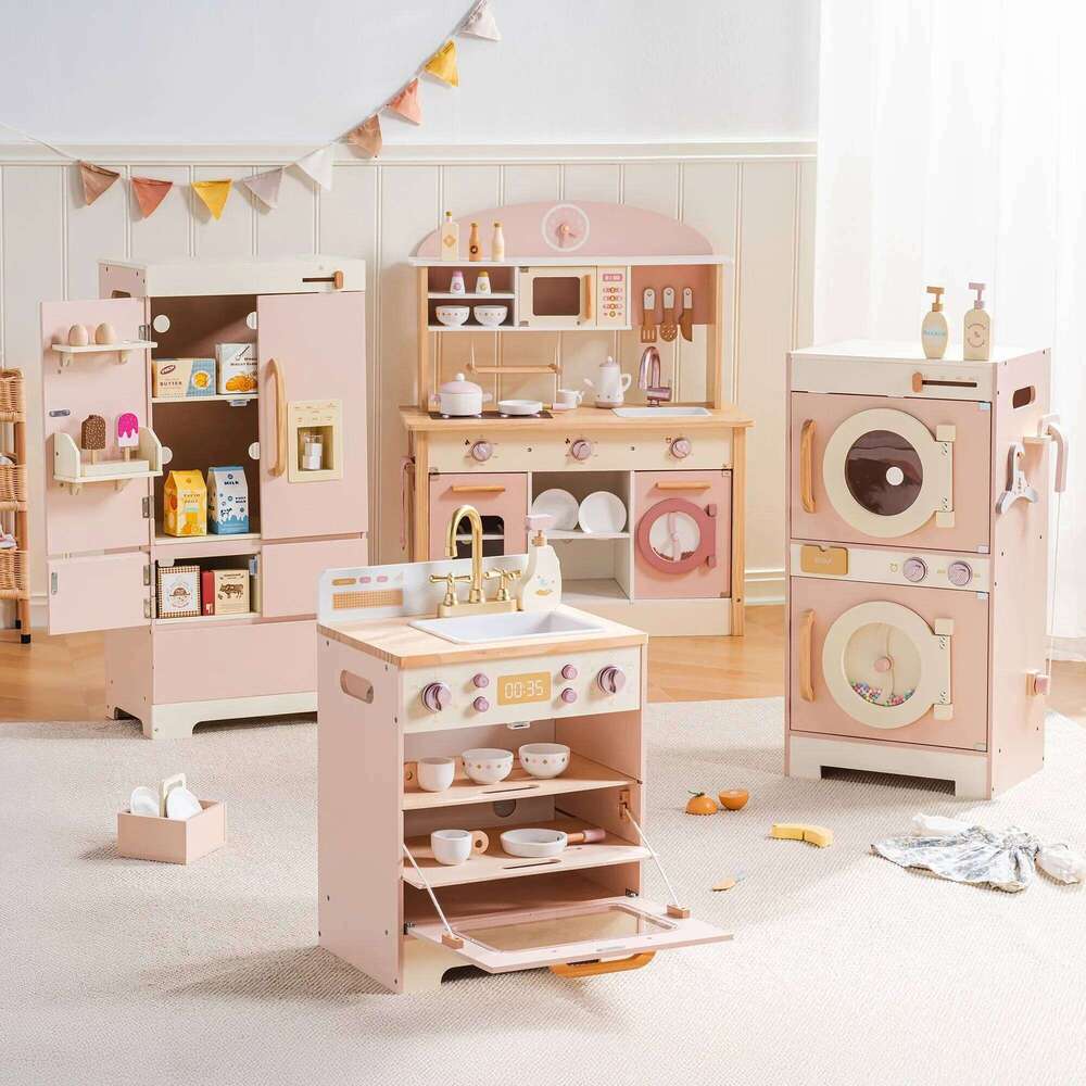 Robotime Robud Kids Corner Playset Wooden Kitchen Set with Realistic Sound Pretend Play Gift for Boys Girls Pink