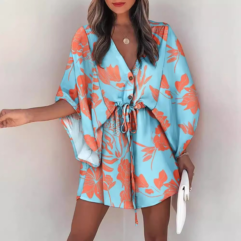 Summer Feifei sleeve V-neck lace up casual holiday dress women
