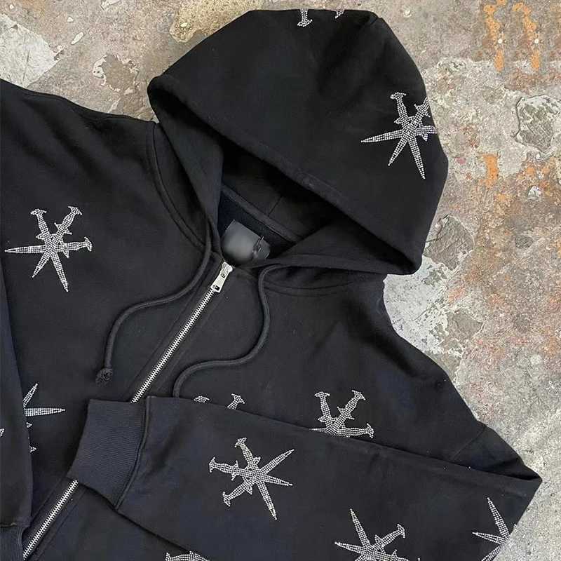Y2k Fashion Rhinestone Full Zipper Hoodie Skeleton Gothic Sportswear Stretching Sve Black Hoodie Mens Sports Jacket Coat w250425
