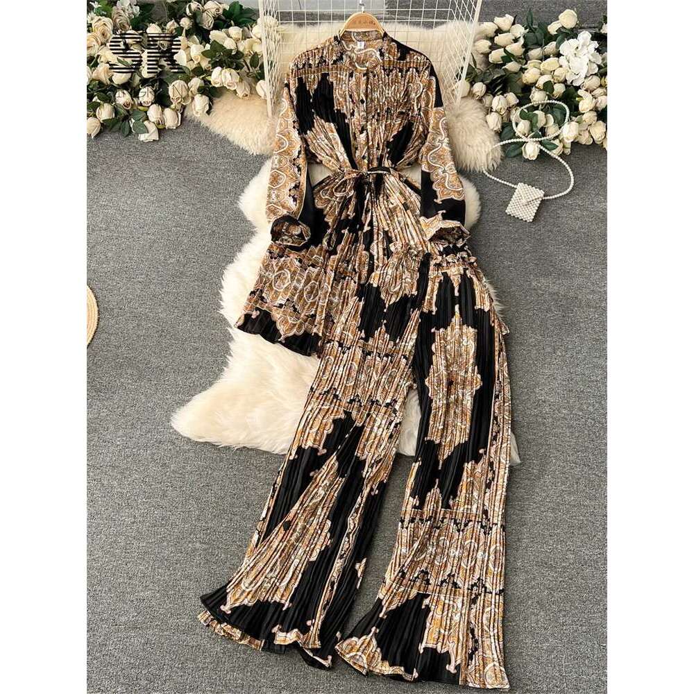 SINGREINY Pleated Two Piece Set Women Winter Sleeve Slim Long Top Elastic Waist Wide Leg Pants Fashion Streetwear Suit