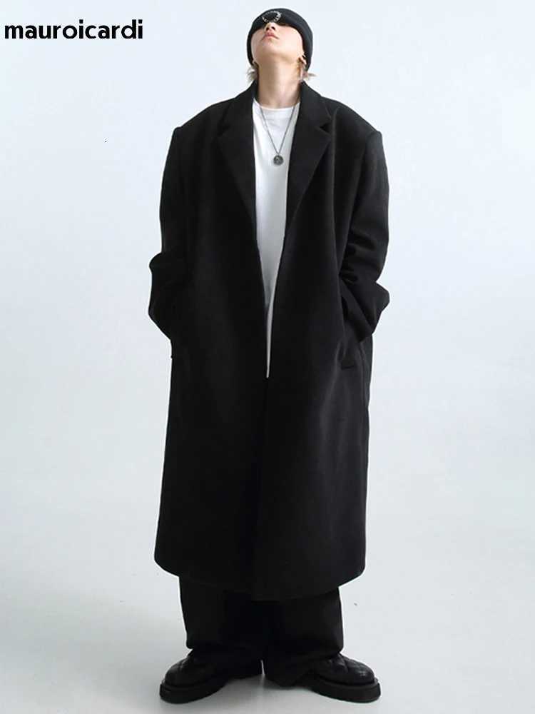 Mauroicardi Autumn Winter Long Oversized Warm Soft Black Trench Coat Men with Shoulder Pads Loose Casual Korean Fashion OvercoatT251125