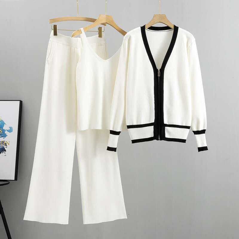 2025 Summer and Autumn New Womens Knitted Cardigan Camisole Wide Leg Pants Three Piece Set European Trend Long Fashion Ventilation New Pattern New Arr